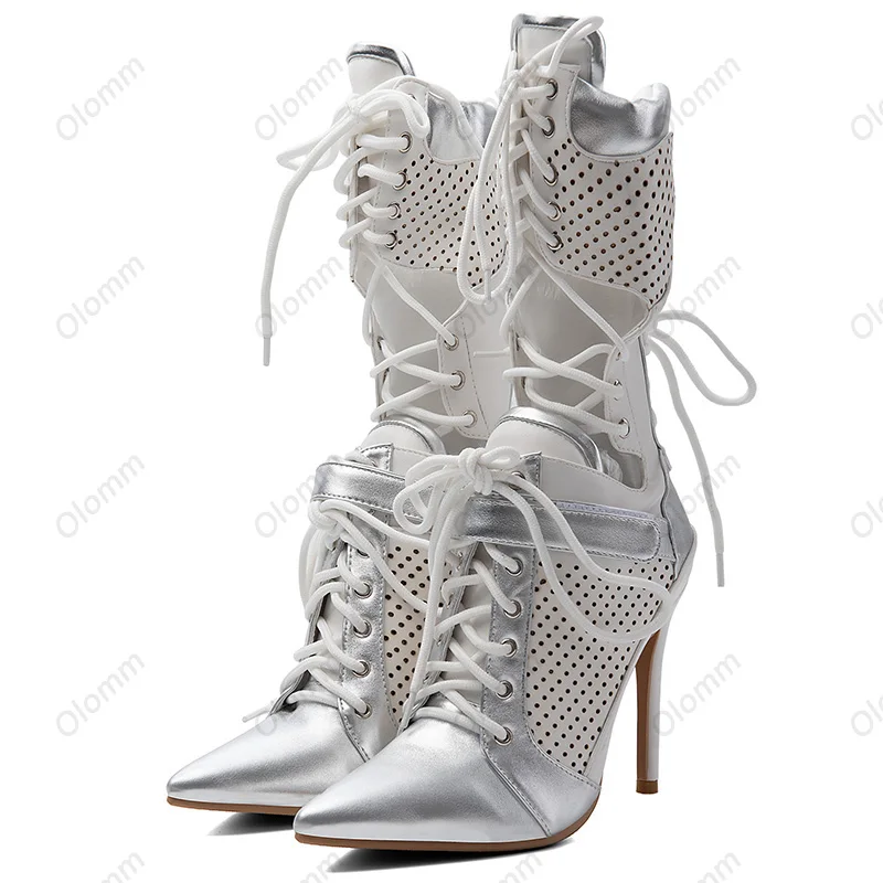 Olomm Women Pointed Toe Mid Claf Booties Hollow Out  Lace Up Stiletto High Heel Spliced Metallic Silver Fashion Nightclub Shoes