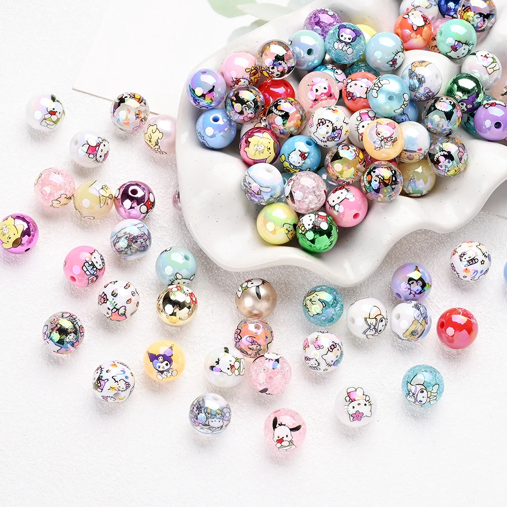 

30 шт. случайные смешанные акриловые бусины Sanrio с принтом, круглые свободные бусины для ручной работы, сделай сам, цепочка для детской соски, изготовление ювелирных аксессуаров
