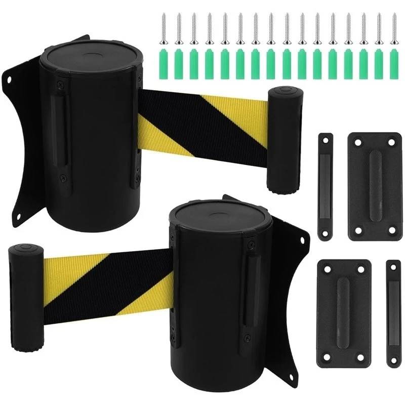 Smart Portable Wall Mount Fixed Retractable Belt Barrier 2 Pack, Steel Case Included 16' Black And Yellow Belts