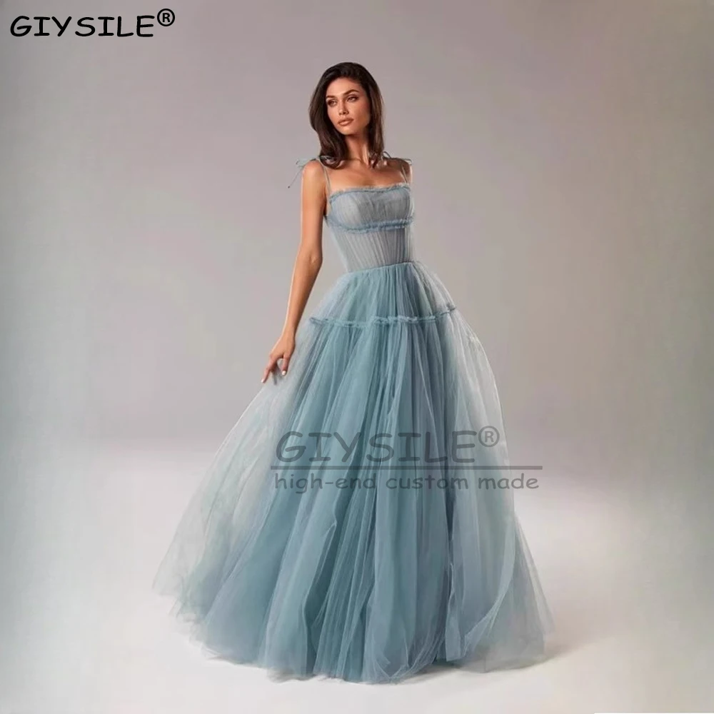 

GIYSILE Blush Pink/Blue Long Prom Dresses 2025 Spaghetti Straps Tiered Skirt A-Line Party Dresses Pleated Tulle Formal Gowns