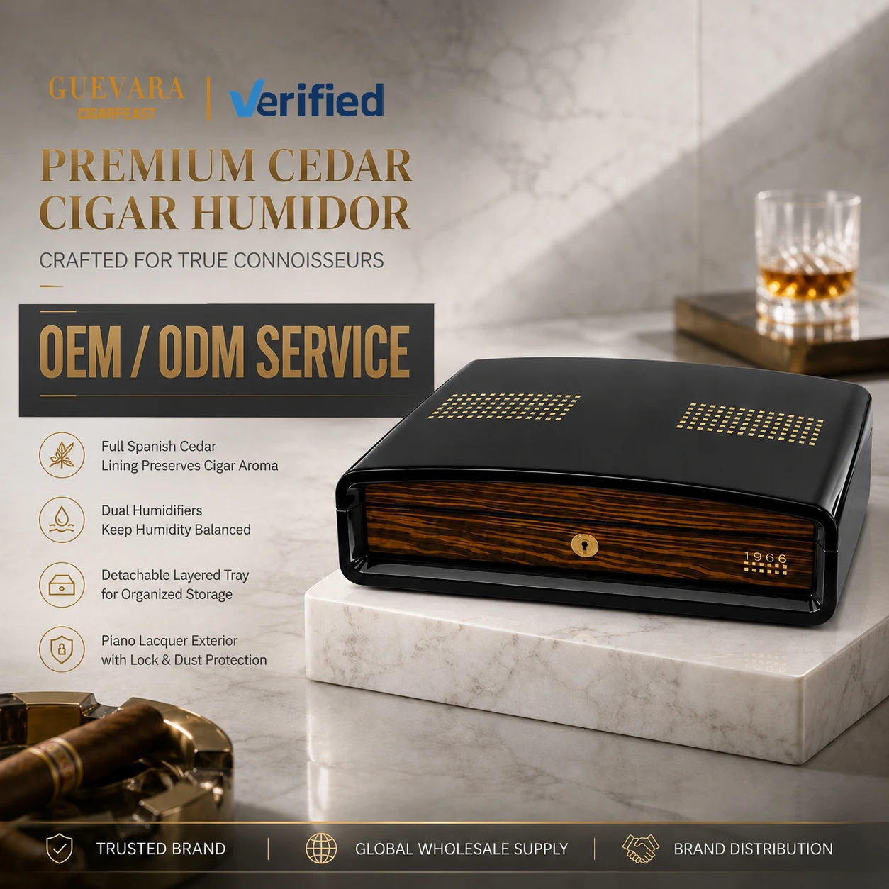Luxury Cigar Humidor Box With Dual Hygrometer & Humidifier, Full Cedar Liner, Piano Gloss Surface Desktop Storage Case Wholesale