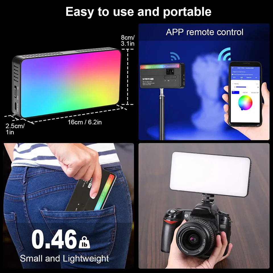 SUTEFOTO T15 RGB Mini LED Video Light 5000mAh 12W 2800-10000K Rechargeable Handled Pocket Panel Light for Vlog Recording