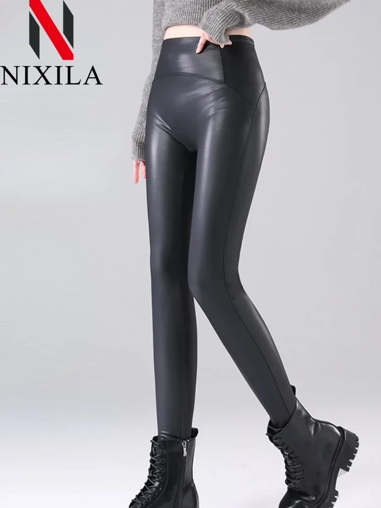 New Autumn Winter Sexy PU Leather Leggings for Women 2024 High Waist Slim Pants Push Up Elastic Black Thin Women Fleece Leggings