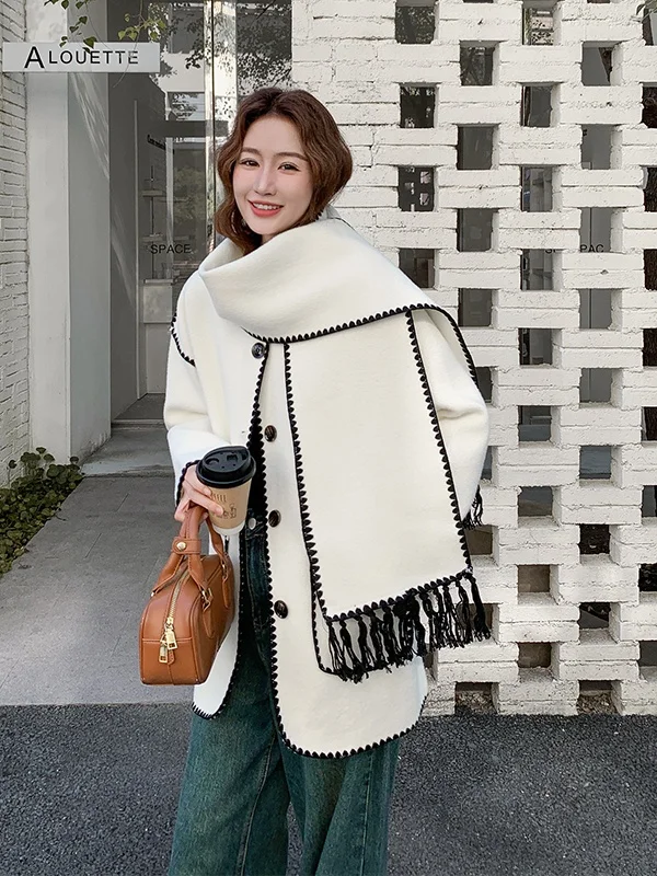 

Белое шерстяное пальто контрастного цвета, женское, осенне-зимнее, новинка, корейская версия, прямого кроя, эксклюзивно онлайн