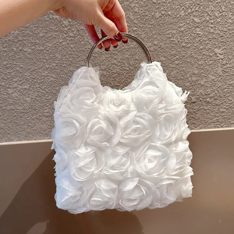 

New Luxury Rose Flower Evening Bag for Ladies Floral Clutch Purses Circular Tote Handbag Dress Banquet Party Dinner Handle Bag