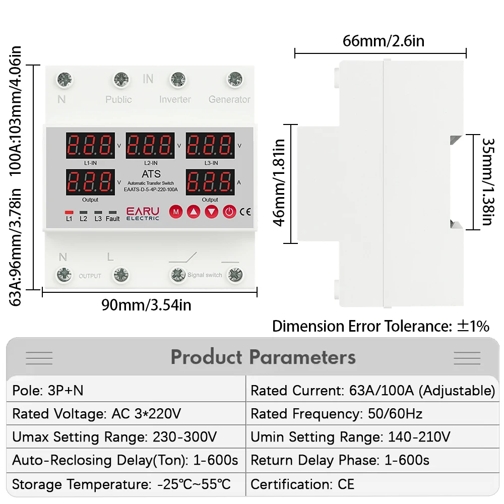 63A 100A 3 Phase 3P+N Phase Selector Adjustable Over Under Voltage Current Protector ATS Automatic Transfer Switch Monitor Relay
