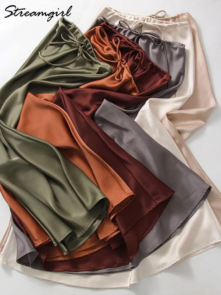 Black Satin Long Skirt Women High Quality Silk Skirts Maxi Tie Up Elegant Office Long Green Skirt For Women Brown Skirts Spring