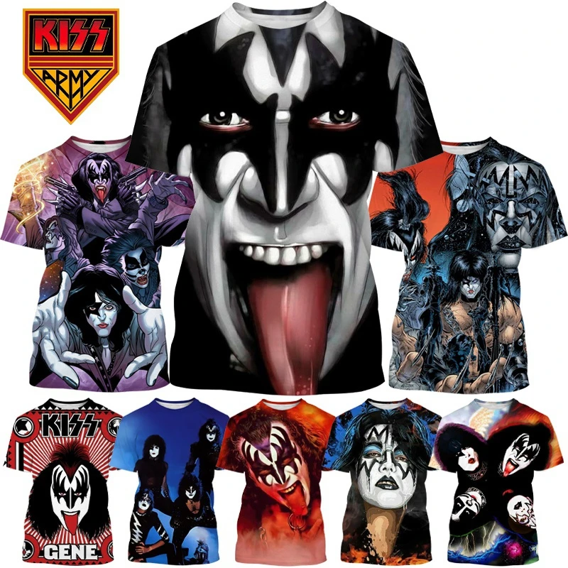 Harajuku Rock KISS Band 3d Print T-shirt Summer New Men\'s Fashion Hip-hop Casual Round Neck Short-sleeved Tees Tops