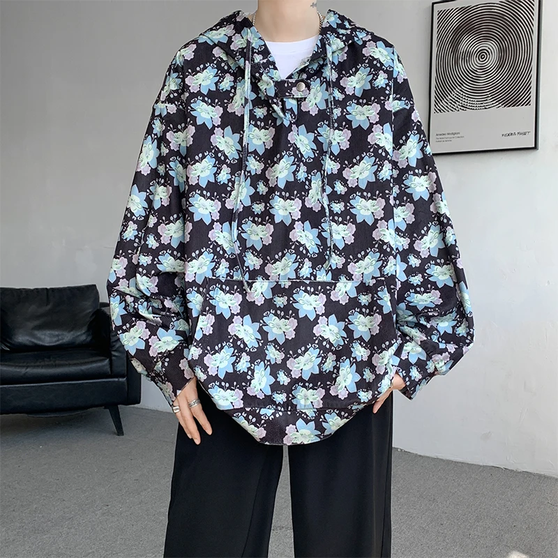 Men Vintage Printed Hoodies Sweatshirt Fashion Streetwear Casual Men's Floral Loose Pullovers Pocket Hoodies Black/Khaki