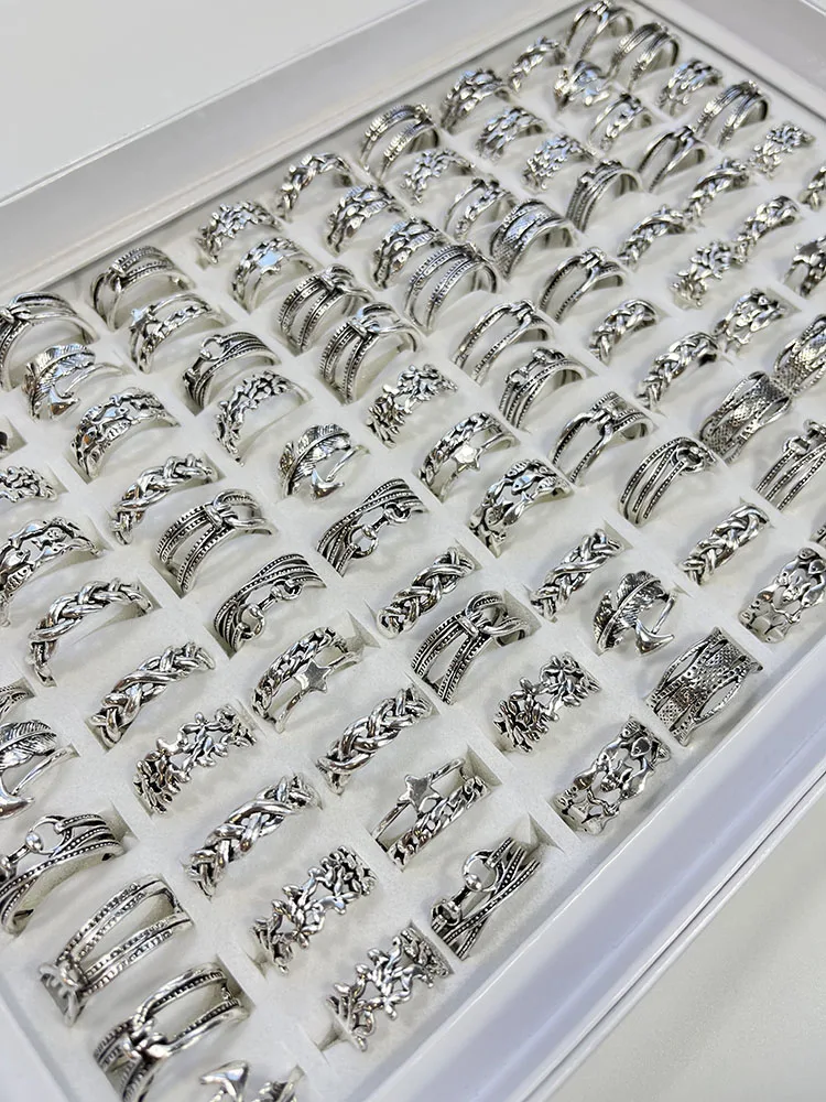 50Pcs/Lot Rattan Antique Silver Style Vintage Silver Ring For Women Ladies Jewelry Bulks LR4228