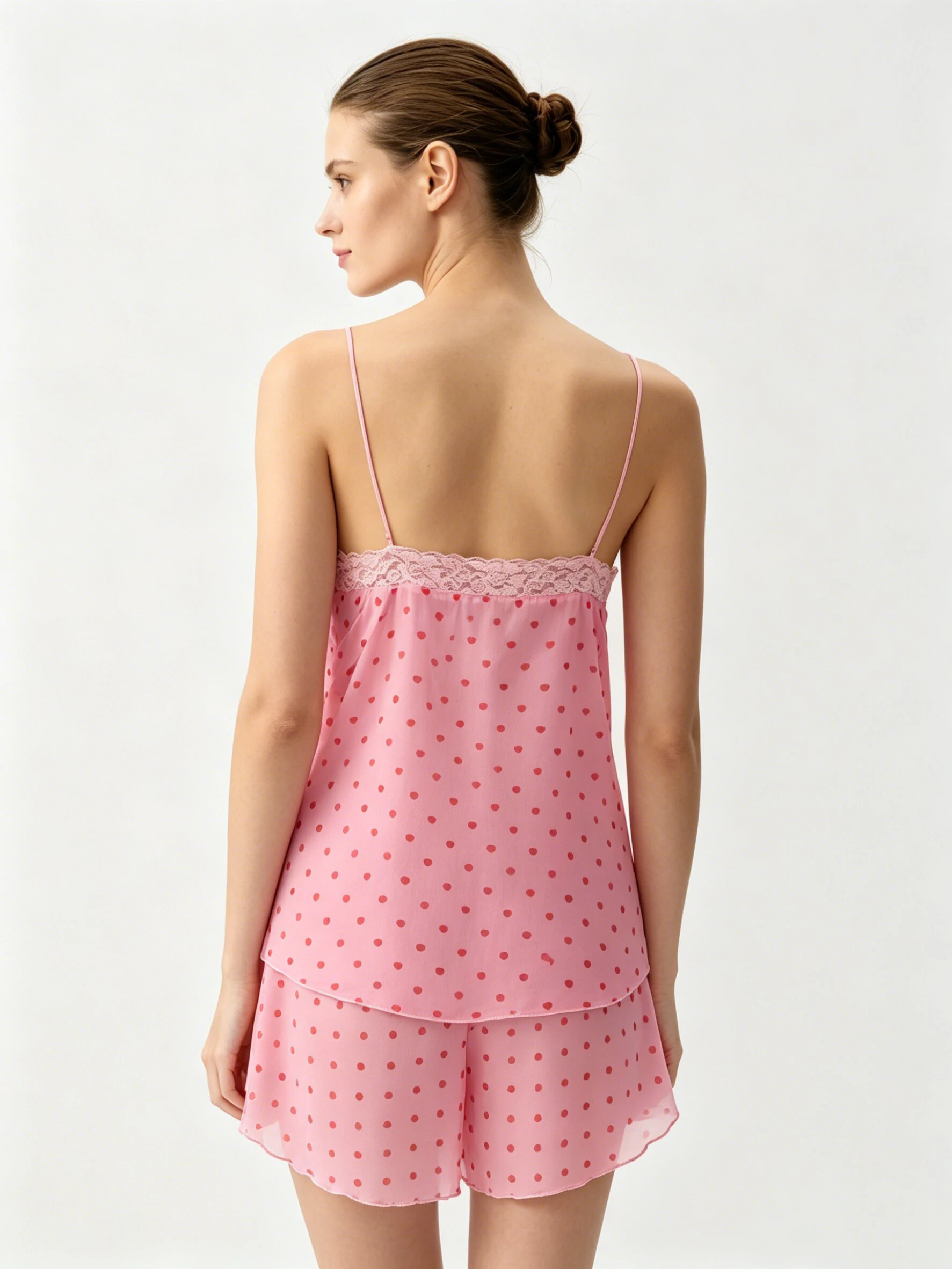 LIMO 2026 Pink Polka Dot Lace Pajama Set,  Shorts  Soft Sleepwear for Women