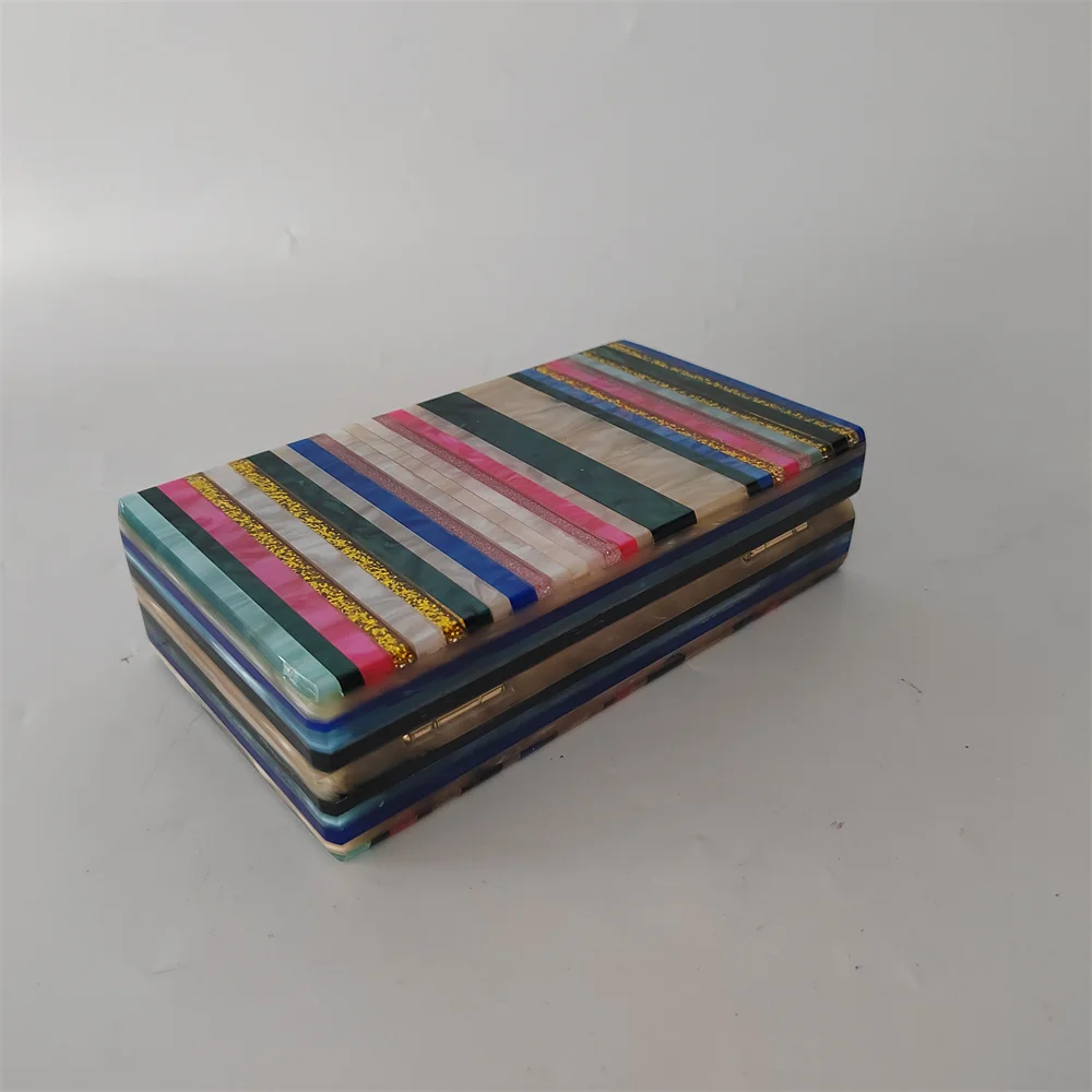 Mini Summer Messenger Bag Colorful Mix Striped Acrylic Box Evening Lady Patchwork Clutch Purse Wedding Party Prom Dress Handbag