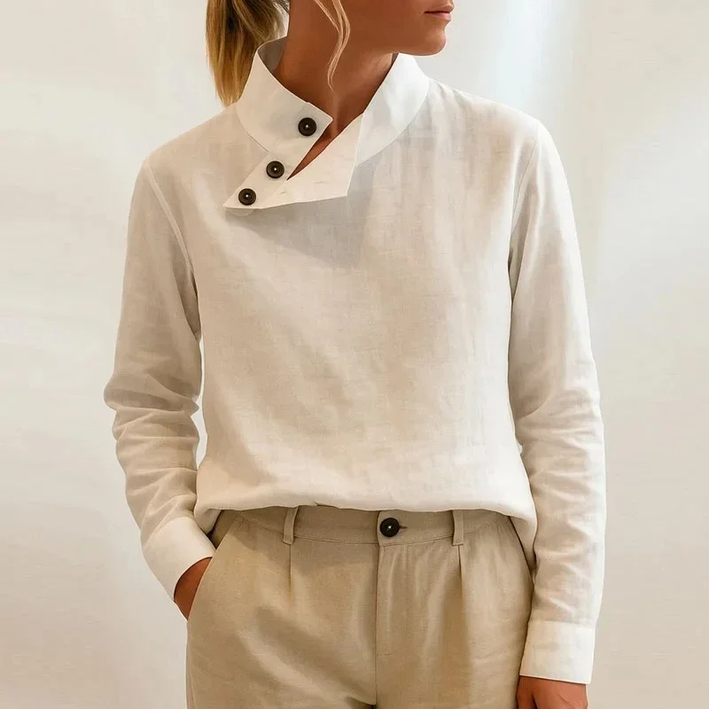 

Woman Spring Vintage Solid Color Loose Blouse Elegant Stand Collar Button Top Pullover Autumn Long Sleeve Loose Shirt Blusas