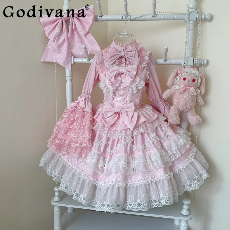 

Super Fairy Lolita Pink Dress Set New Spring and Autumn Sweet Girl Women's Flower Lace Bow Shirt Princess Jsk Suspender Dress