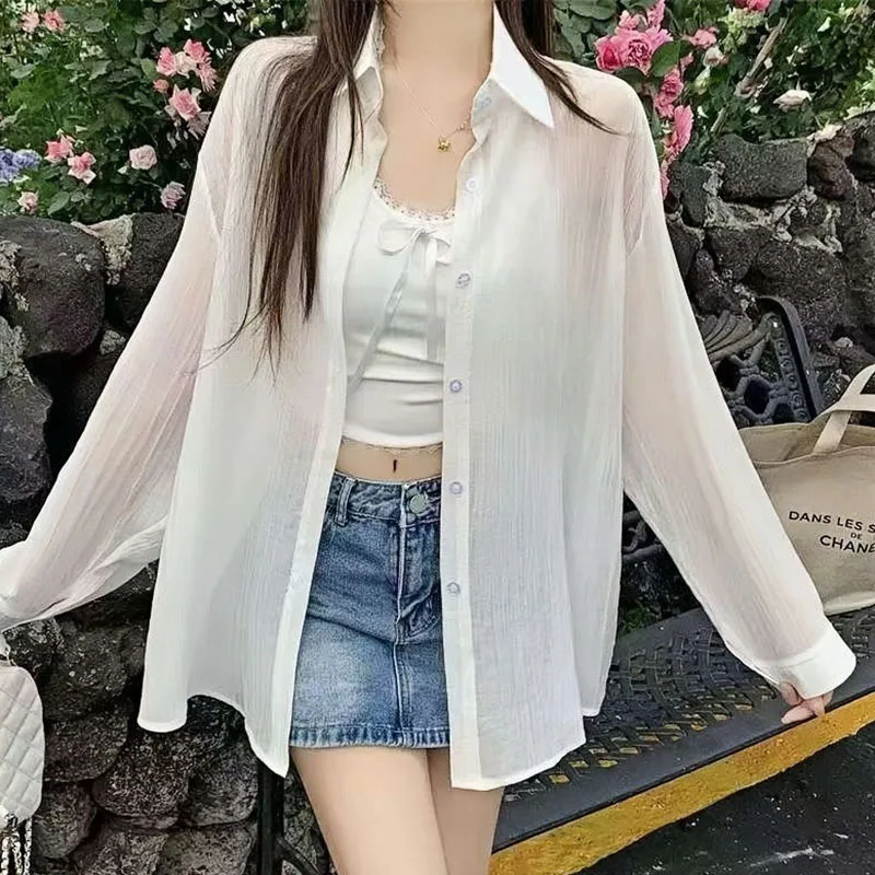 Casual Loose Women's Tops 2026 Summer Breathable Sun-Proof Ice Silk Shirts Ladies Long Sleeve Button Thin Sheer Chiffon Blouses