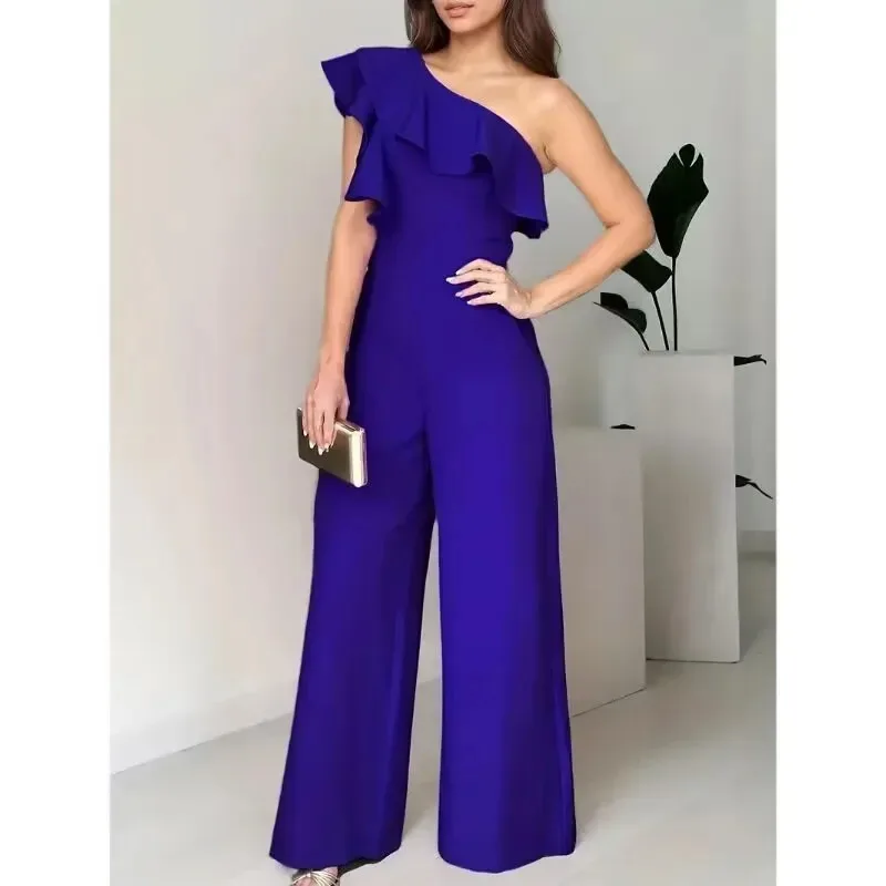 Elegancki macacão z wysokim stanem, szerokimi nogawkami i koronkowym wykończeniem, prosty krój, pojedyncze ramię dla kobiet, marka