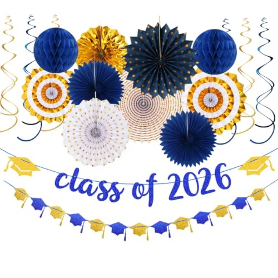 

Party-Decorations Graduation Banner-Streamers - 18pcs Kits Garland, Paper Tissue Pom Poms Fan, Honeycomb Lanterns Congratulatio