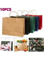 10 pieces of kraft paper bags with handles, holiday gift tote bags, takeaway packaging bags, paper shopping bags