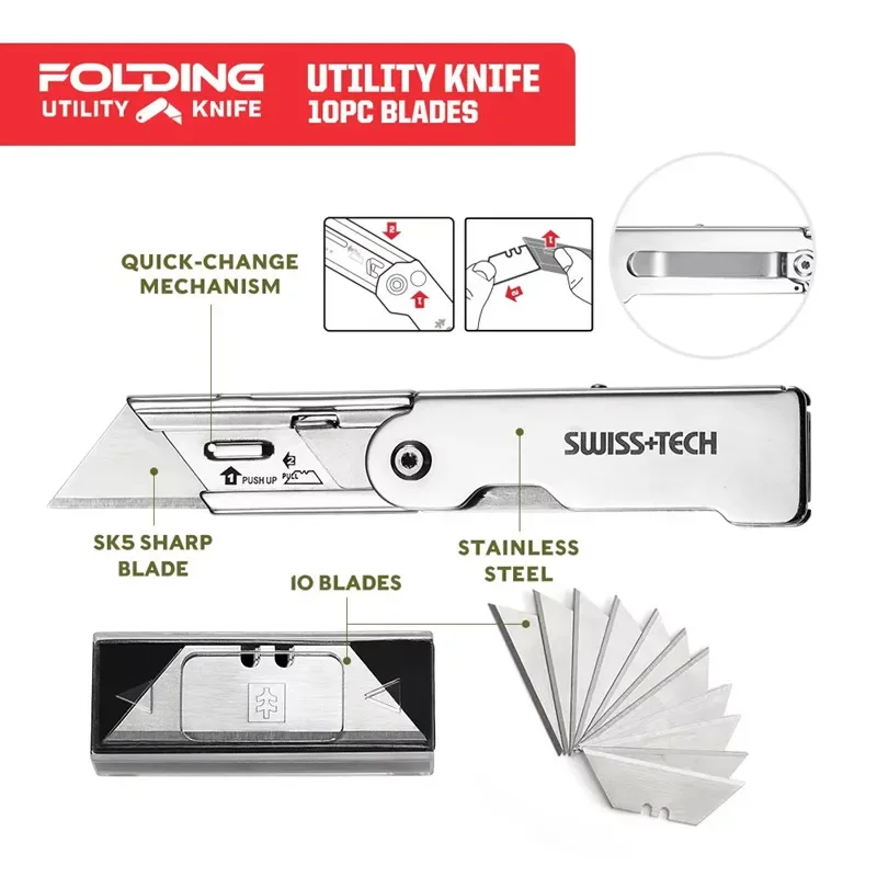 SWISS TECH Mini Folding Knife Stationery keychain Multitool Pocket knives EDC Box Cutter Utility Knife With Replaceable blades