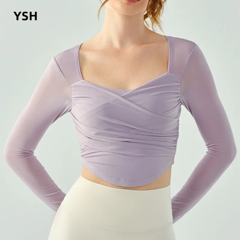 

YUSHUHUA Mesh Cross Sports Tops Women Hollow Back Fitness Gym Long Sleeve Yoga Crop Top Female Tight Running Workout Tops