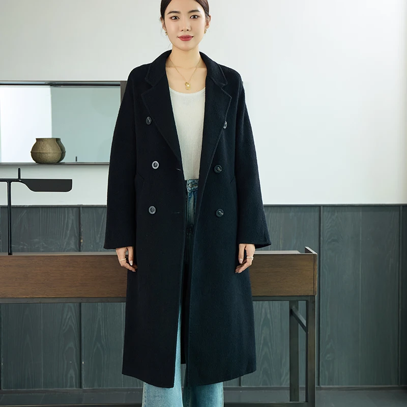 2025 Blue Long Women's Coat Autumn Winter New 100% Pure Wool Double-Breasted High-End Women's Jacket Versatile Women's Clothing