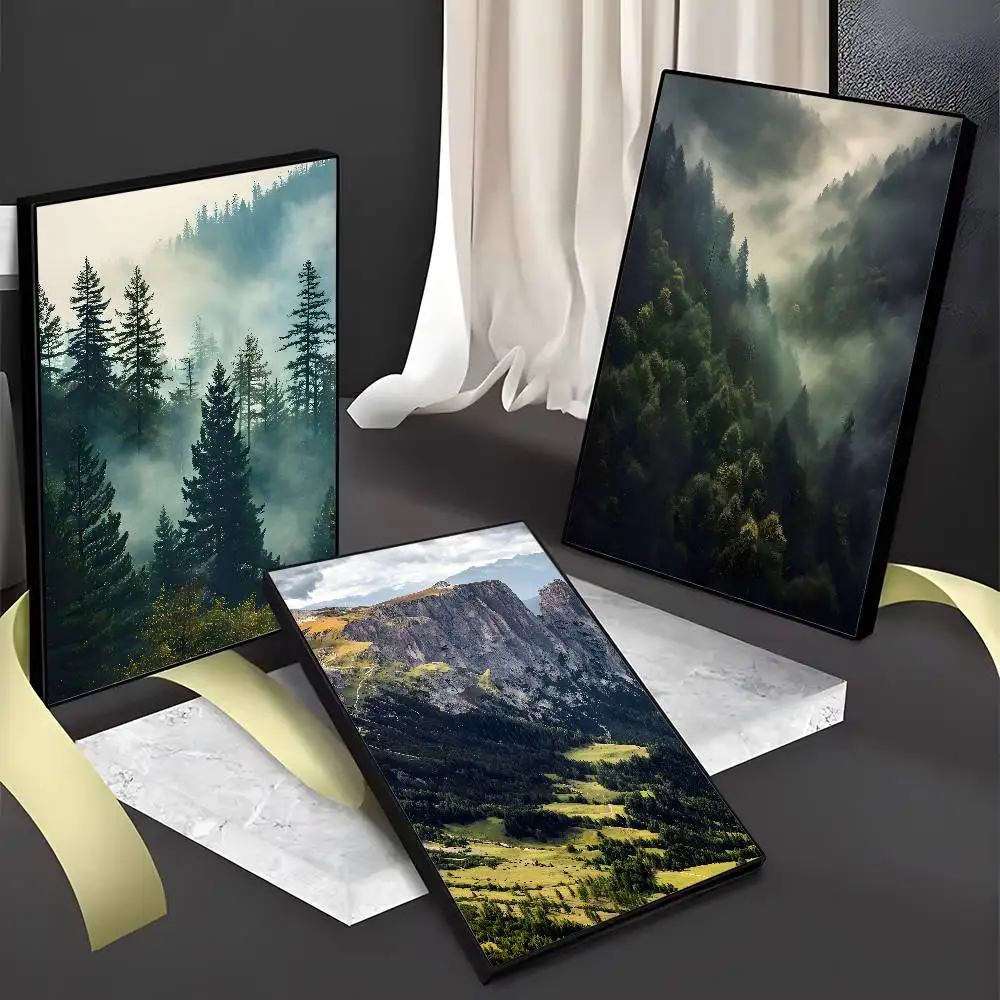 Nature Misty Forest Waterfall Scenery Poster Sticky Wall Art Printing Waterproof Home Living Room Bar hallway Aesthetic Decor