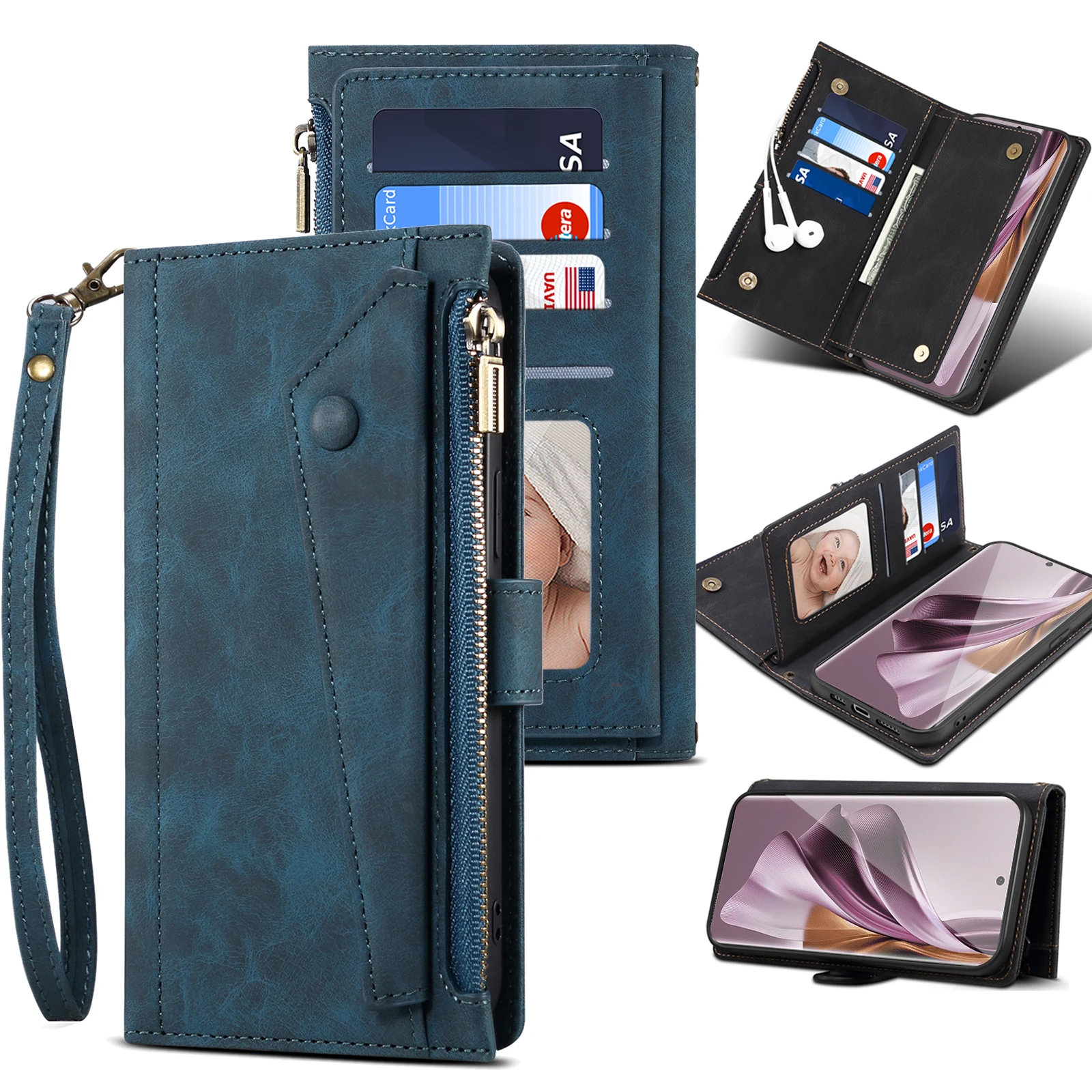 New 9 Cards Zipper Flip Leather Case For  OPPO Reno 10 Pro Reno10Pro Wallet Mobile Phone Cover for X6Pro 5G With Rope For Free