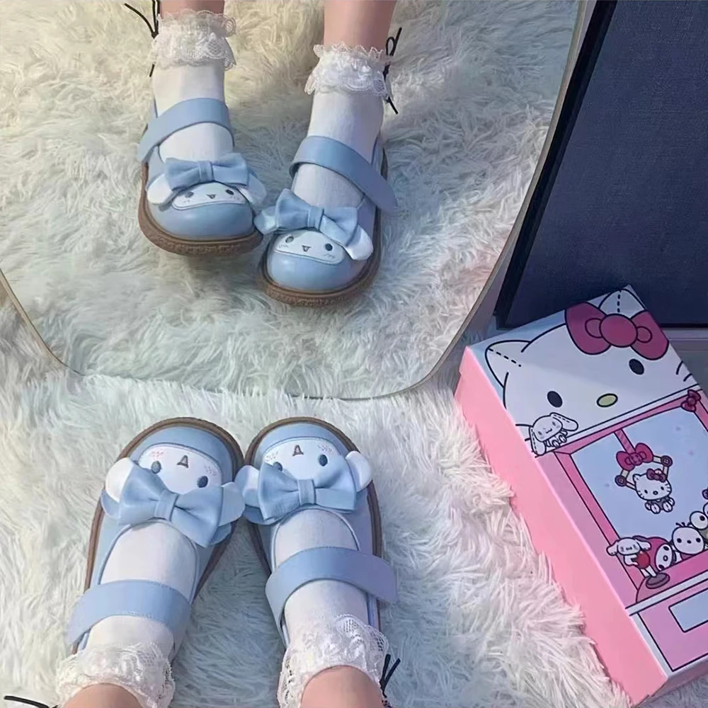 Anime Sanrios Soft Shoes Princess Cute Lolita Round Head Small Leather Shoes Japanese Style Kawaii Melody Kuromi Flat Shoes Girl