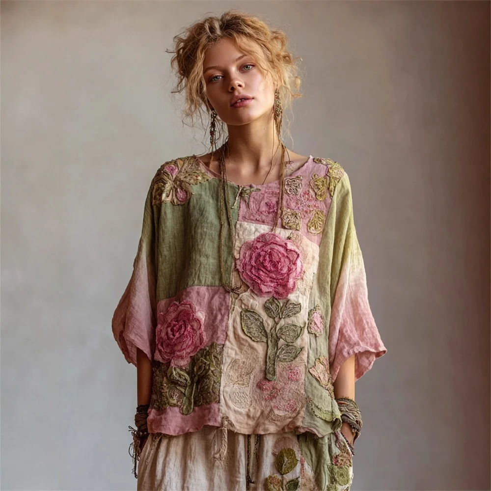 Printed Long Sleeve Top Loose Fit Artistic Vintage with Shirt Blouse Long Blouse Mid Length Individual Streetwear Women Top