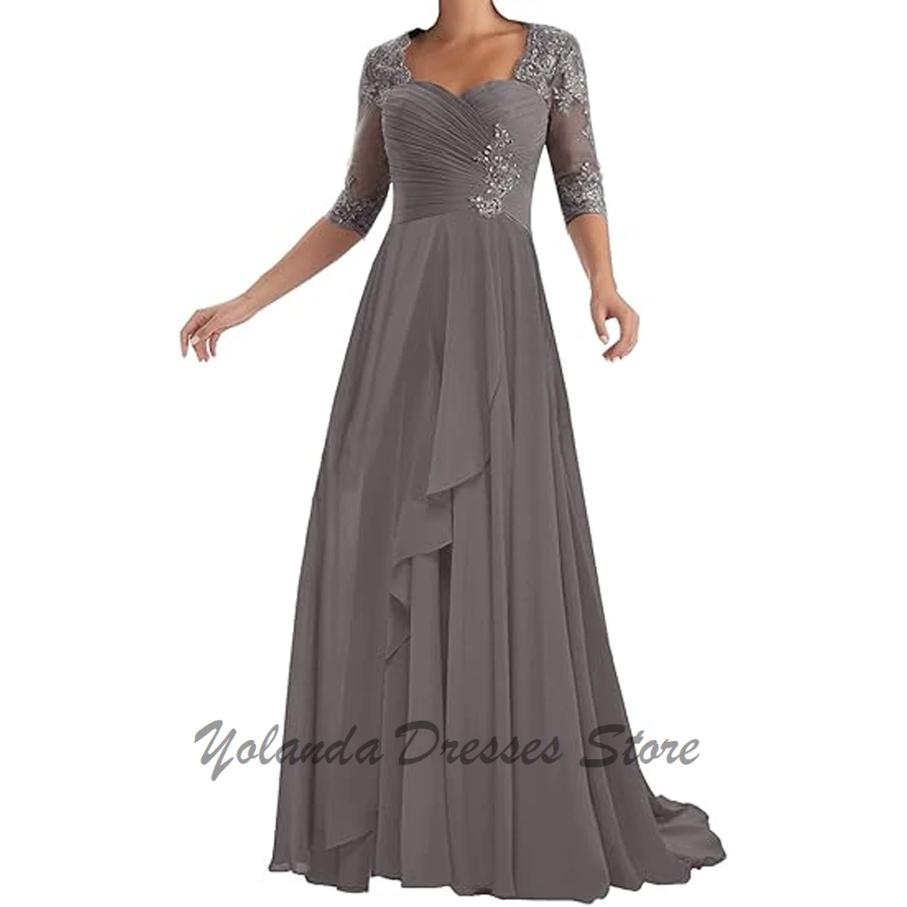 

Elegant V Neck Mother of The Bride Dresses Applique Lace Up Back Chiffon Formal Evening Gown Floor Length Half Sleeves