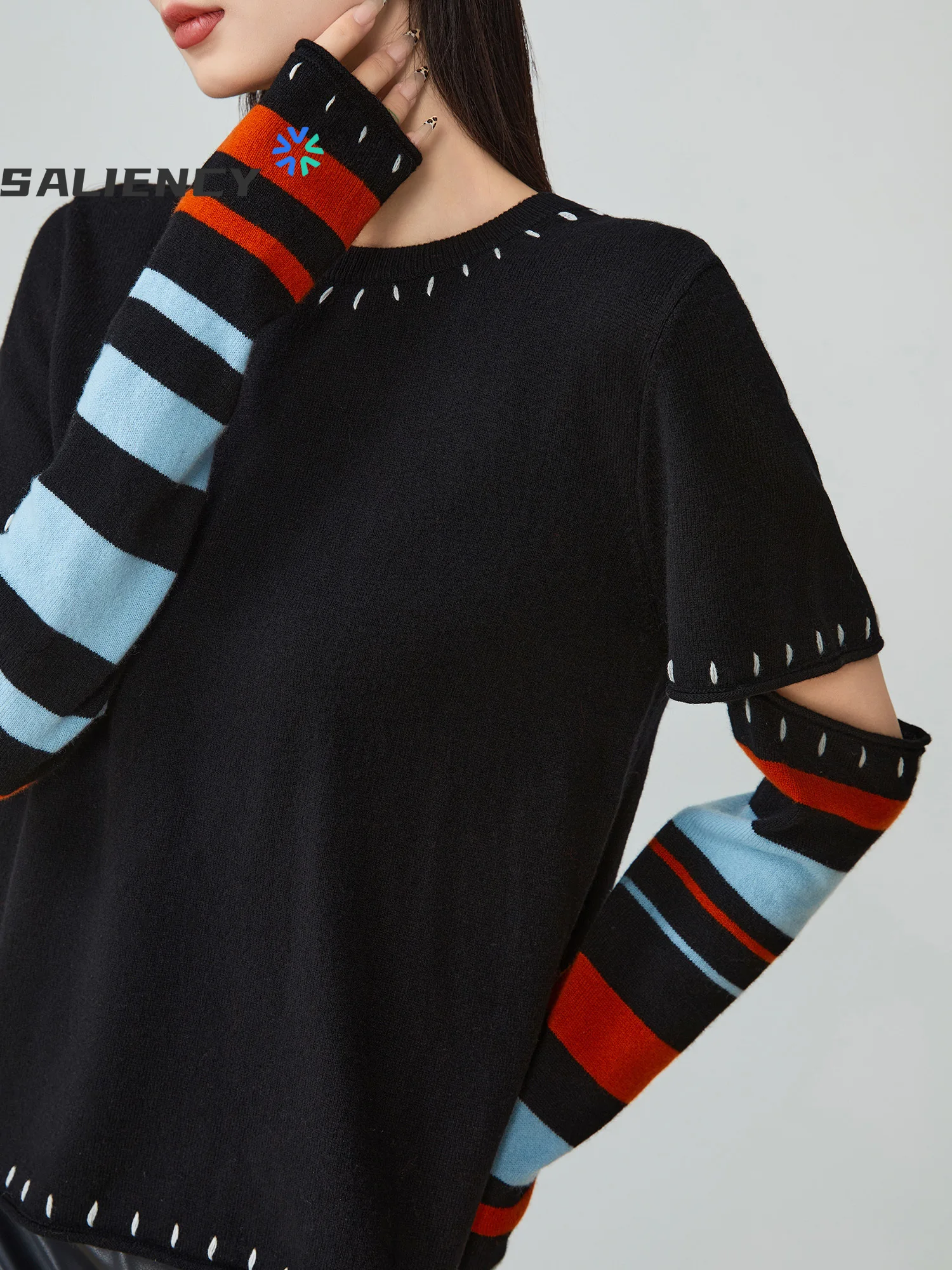 SALIENCY Minimalist Women's Striped Knit Pullovers 2025 Spring and Autumn Contrast Color Sweater Top Comfortable Skin