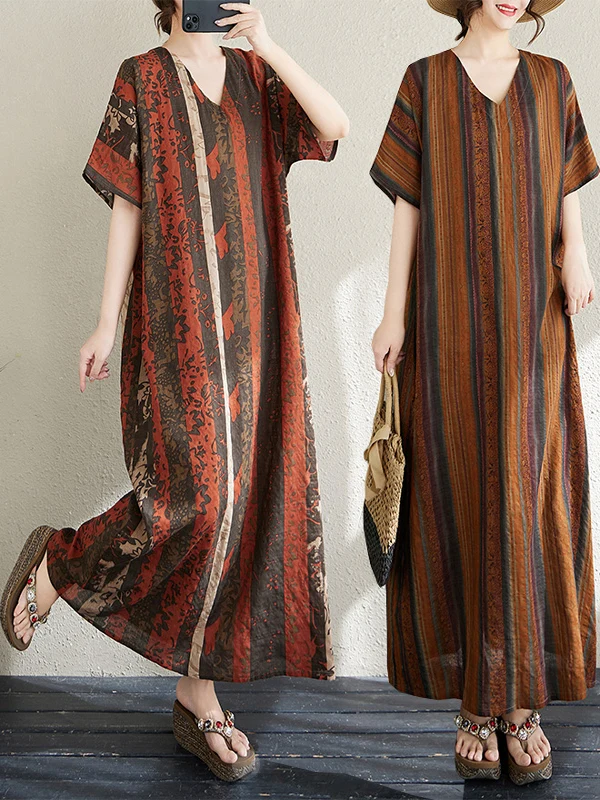 

Slimming Vertical Stripes V-Ne Loose Cotton Lin Long Skirt ort Sve Dr Summer Commute Sle Large Size Clothing