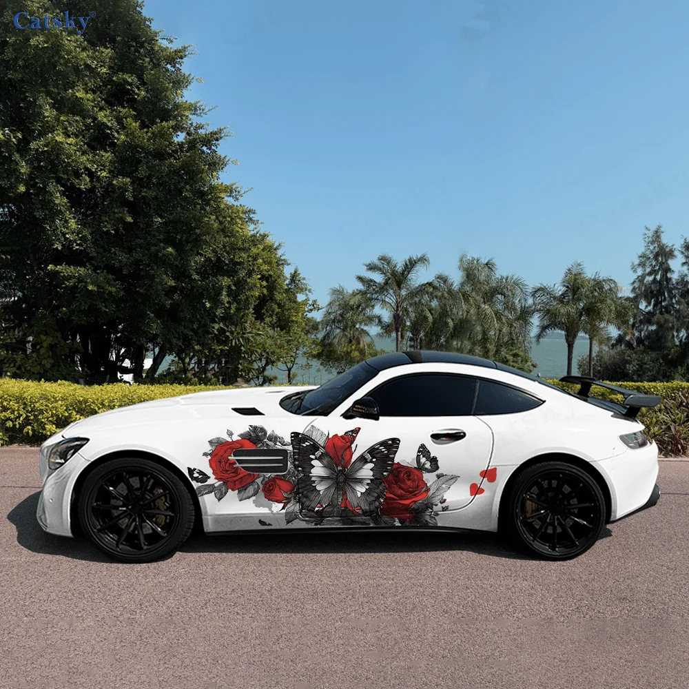 

Красные розы, бабочки, боковая наклейка на автомобиль, ПВХ, самоводонепроницаемая палочка, яркие автомобильные внешние аксессуары, декор, защита, подарок для влюбленных