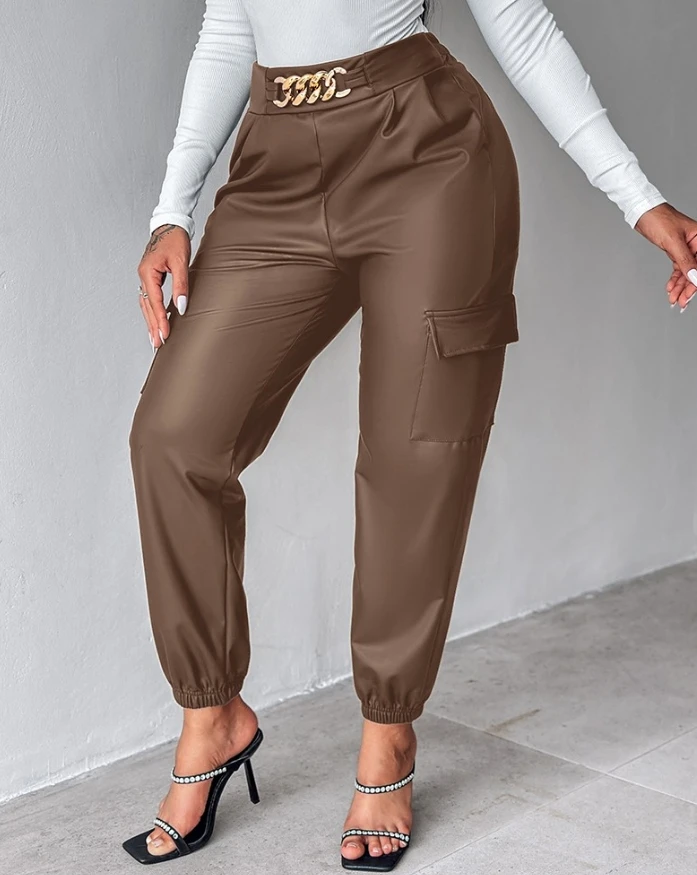 

Womens Clothes PU Leather High Waist Cargo Pants with Flap Pocket Chain Decor Cuffed Jogger Pants Autumn Fashion Female Trousers