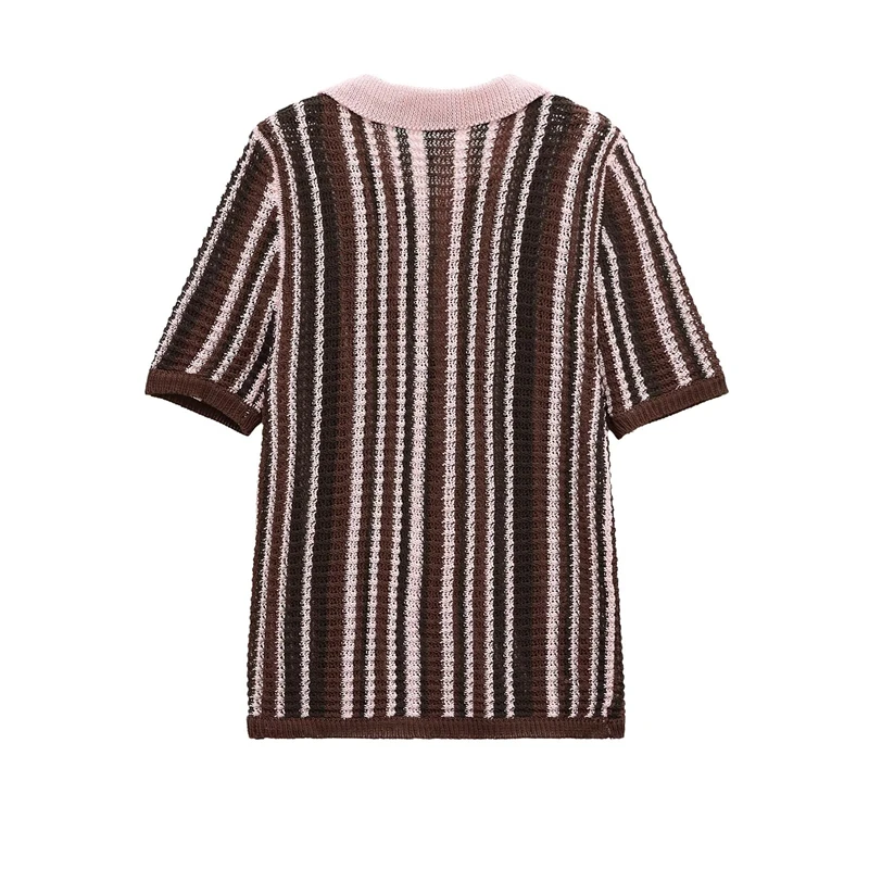 KEYANKETIAN صيف جديد المرأة عمودي مخطط قصير الأكمام محبوك قمة ريترو ستايل سليم رقيقة رفض طوق لينة البلوز #2