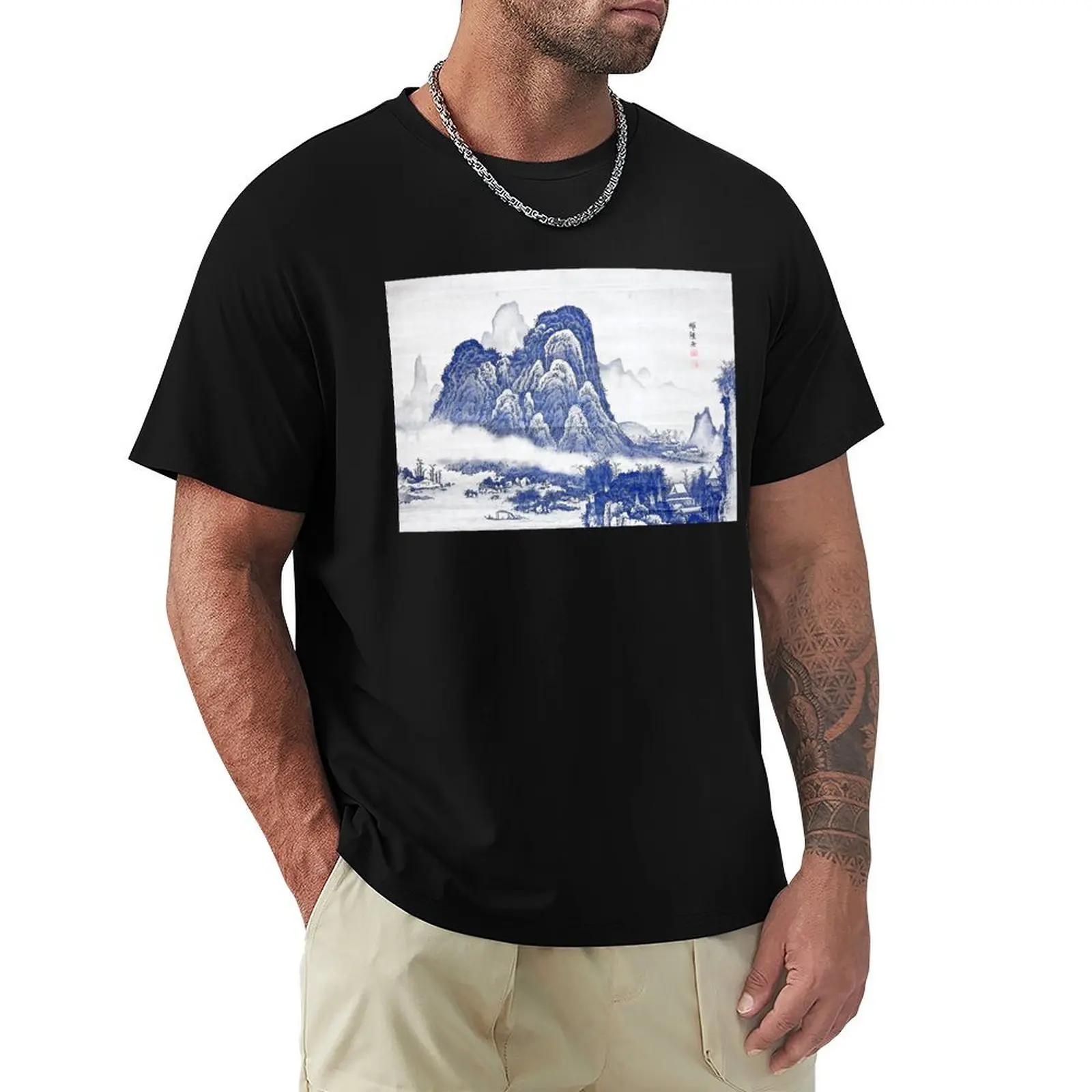 Mountain Landscape (Restored Japanese Artwork) T-Shirt Basic Solid Color Casual Tee Shirt