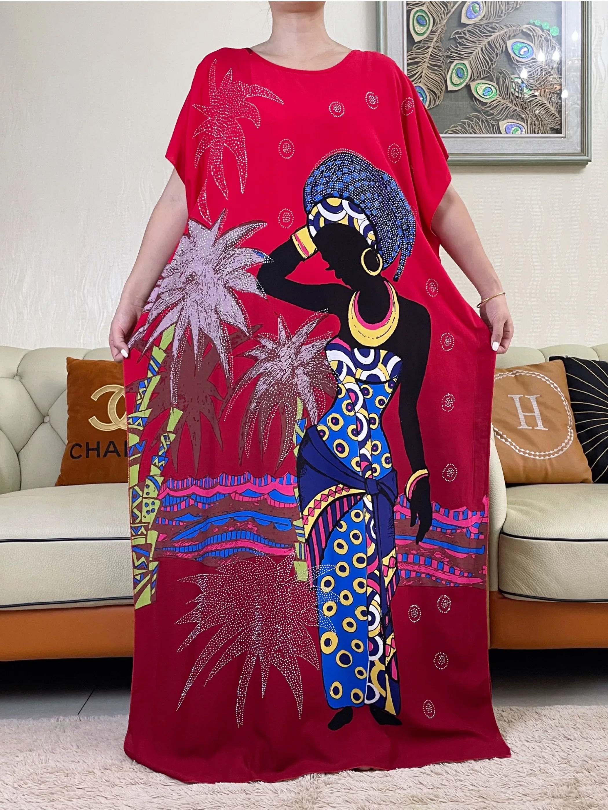 2023African Women\'s Summer Dress With Big Scarf Diamond Cotton Abaya Printed Fabric Muslim Femme Maxi Casual Outfit