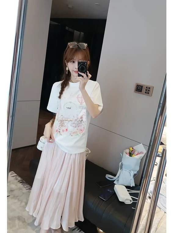 

Mimius Korean Style Sweet Summer Casual Women's T-Shirt Skirt Set Breathable Lightweight Loose Fit round Neck Short Sleeve