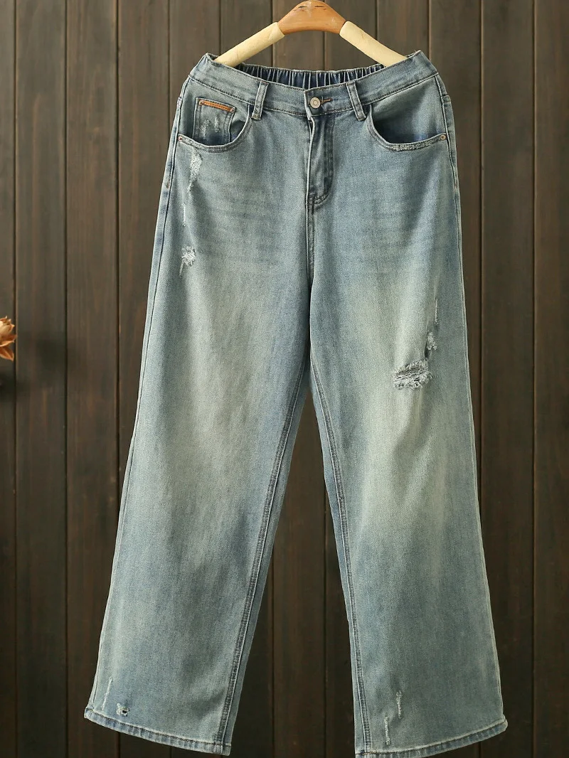 

Summer plus Size Women's High Waist Elastic Waist Distressed Straight Leg Jeans Loose Fit Wide Leg Long Pants Cotton Stretch ...