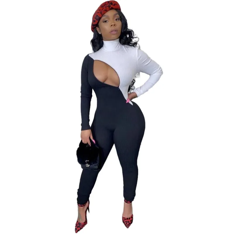 

Fitness Women Rompers Contrast Color Mock Neck Jumpsuits 2023 Fall Winter New Popular Long Playsuits Sexy Club Party One Piece