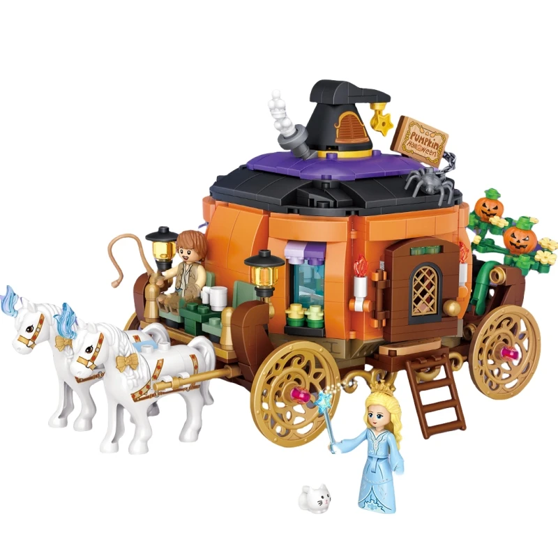 

Magic Pumpkin Carriage Small Particle Building Blocks Model Ornaments Educational Splicing Toys Halloween Collection Gift