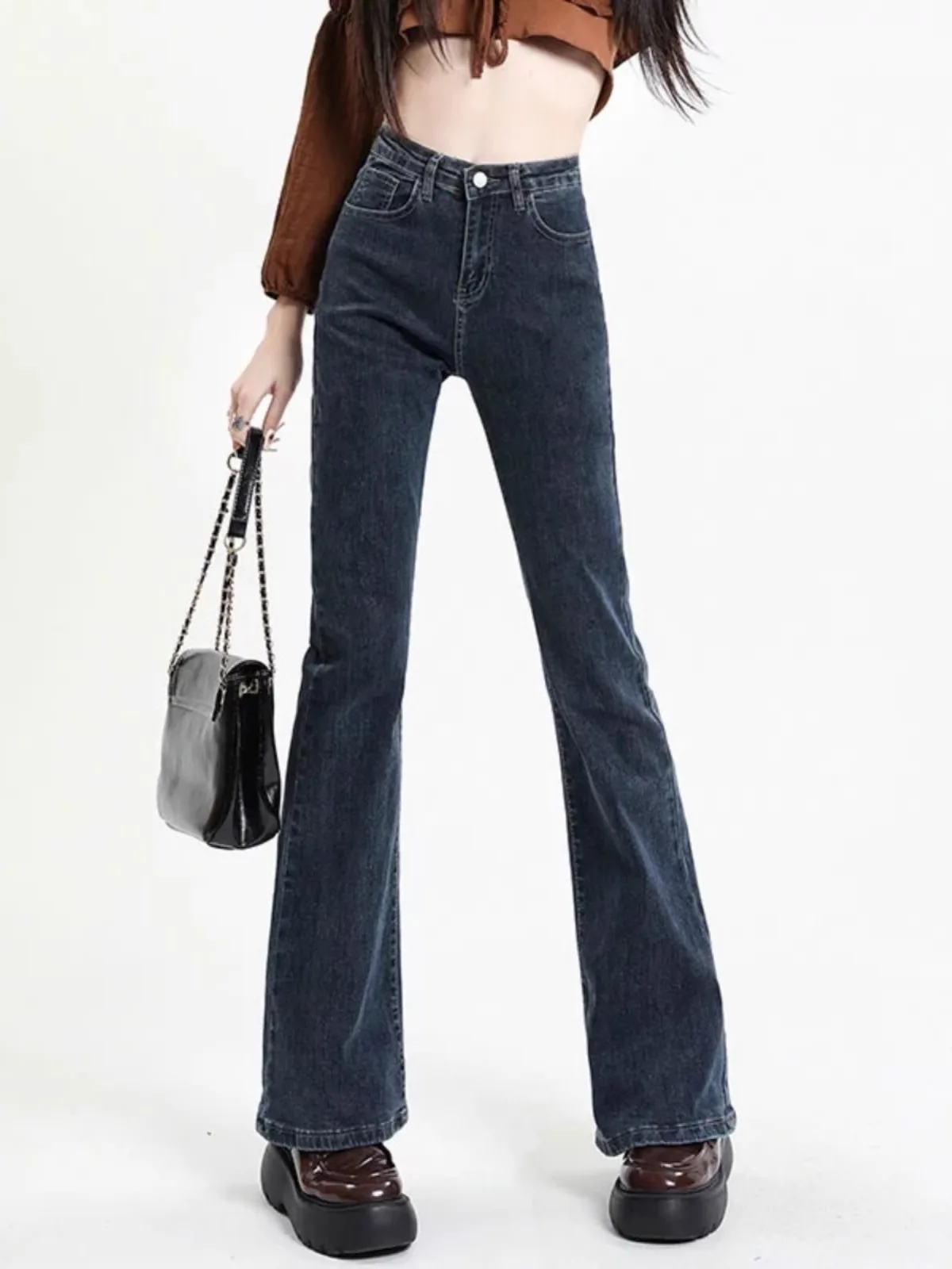 High Waist Bell Bottom Jeans Women's Nine Points Slimming Spring Autumn Cotton Stretch Denim Retro INS Ladies Straight Leg Jeans