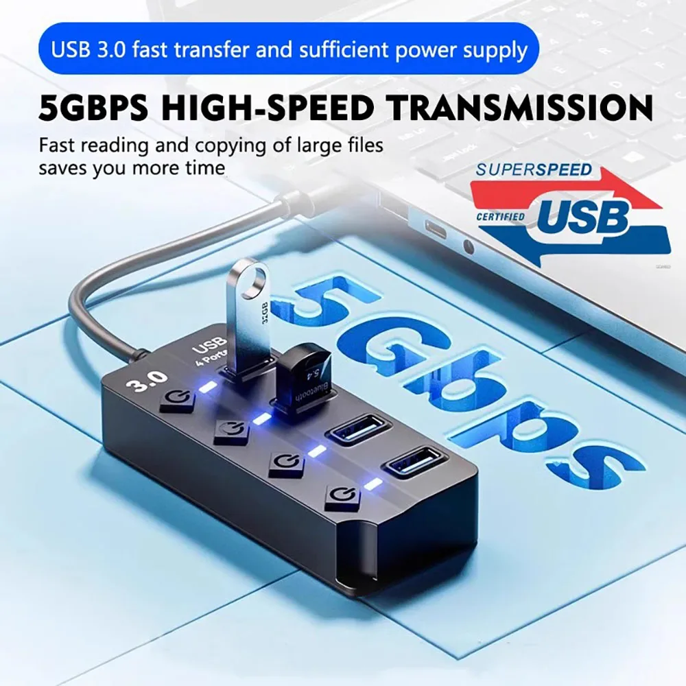 KEBIDUMEI 4 Ports USB 3.0 Hub with Individual On/Off Switches USB 3.0 5Gbps High Speed Multi Splitter for Mouse Keyboard MacBook