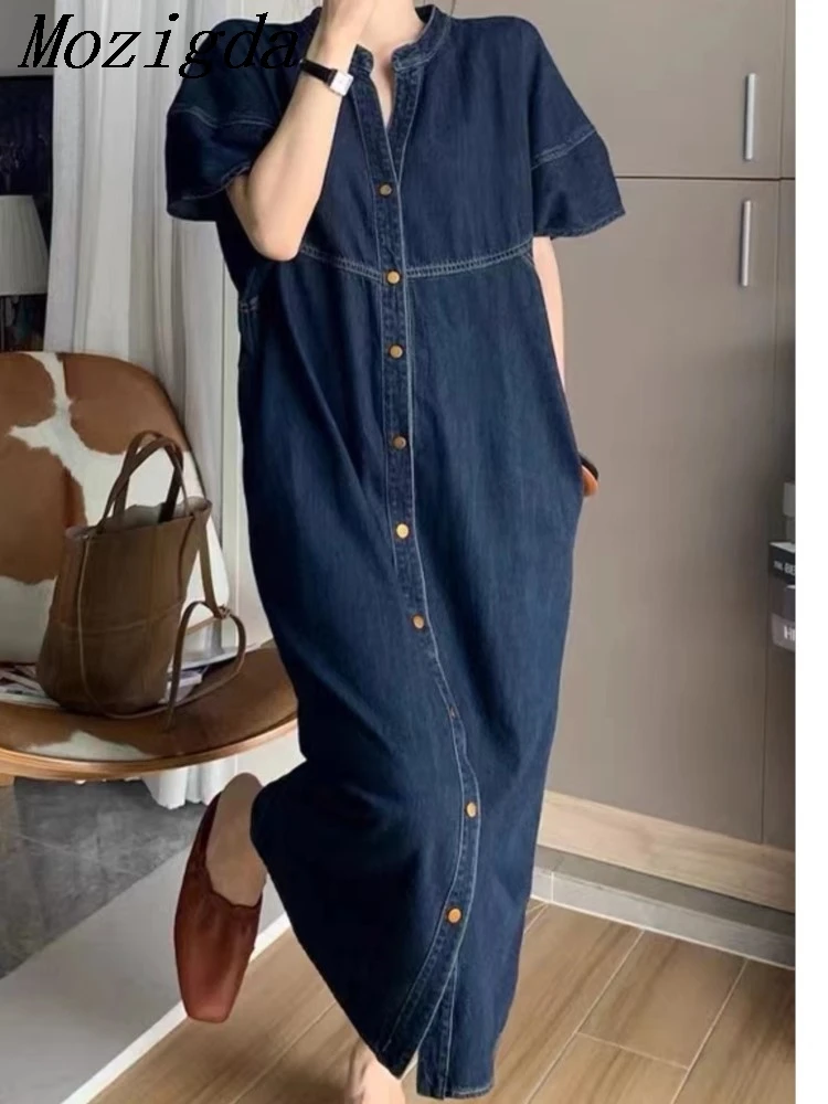 

Summer V-neck Short-sleeved Denim Dress Women Retro Loose New Korean Casual Straight Long Dress Ladies Dresses Vestidos