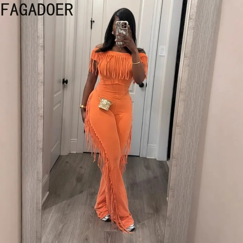 FAGADOER موضة شرابة المرقعة حللا امرأة برتقالية قصيرة الأكمام قبالة الكتف بسط السروال القصير الإناث كلوبوير وزرة جديد