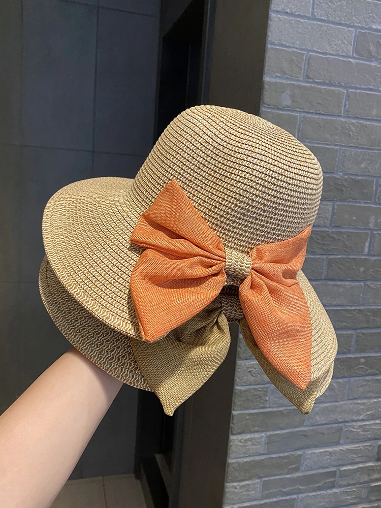 USPOP Women Spring Summer Large Brim Straw  Sun Hat Back-Opened Bucket Hat  Beach Straw Hat with Big Bowknot