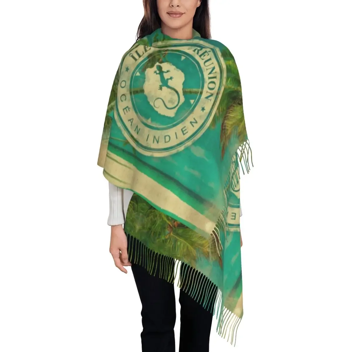 أوشحة نسائية كبيرة مخصصة من Ile De La Reunion 974 أوشحة نسائية للشتاء والخريف شال ناعم دافئ شرابة يلتف شاطئ المحيط الهندي #1