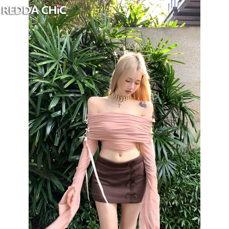 REDDACHiC Split Long Sleeves T-shirt Women Bow Ruched Slim Stretch Mesh Solid One-shoulder Crop Top Balletcore Coquette Clothes