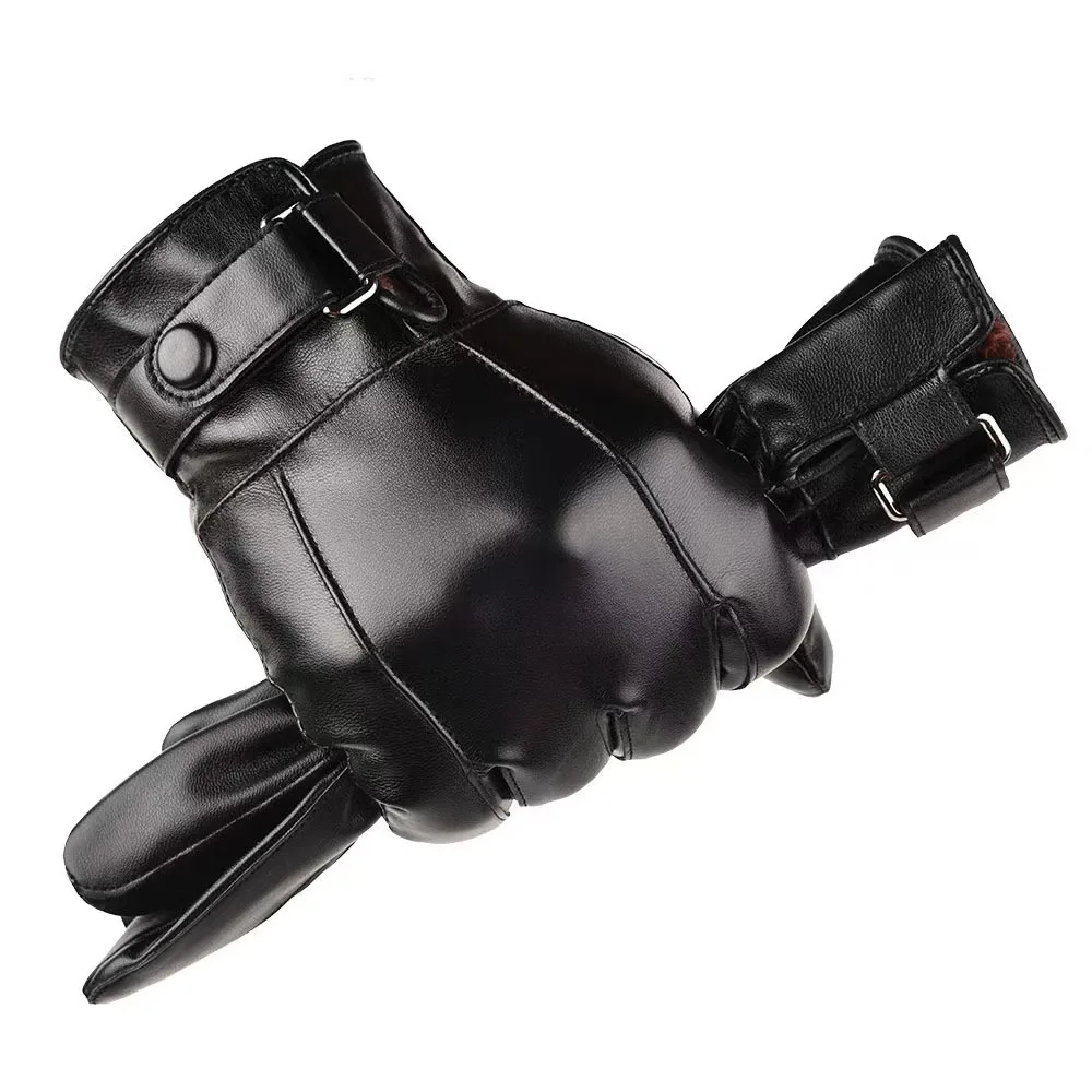 Guanti da ciclismo maschili in pelle PU antivento Touch Screen Guanti da ciclismo maschili in velluto spesso Tenere al caldo Guanti da moto morbidi con dita intere