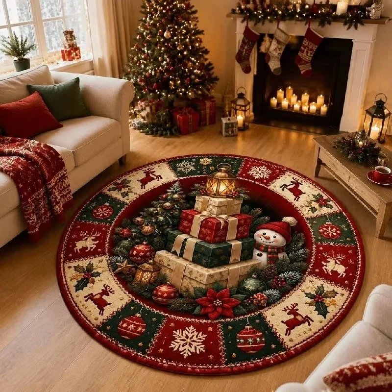 Round Christmas Area Rug Snowman Gift Box Reindeer Snowflake Print Floor Mat Xmas Living Room Home Decor Carpet